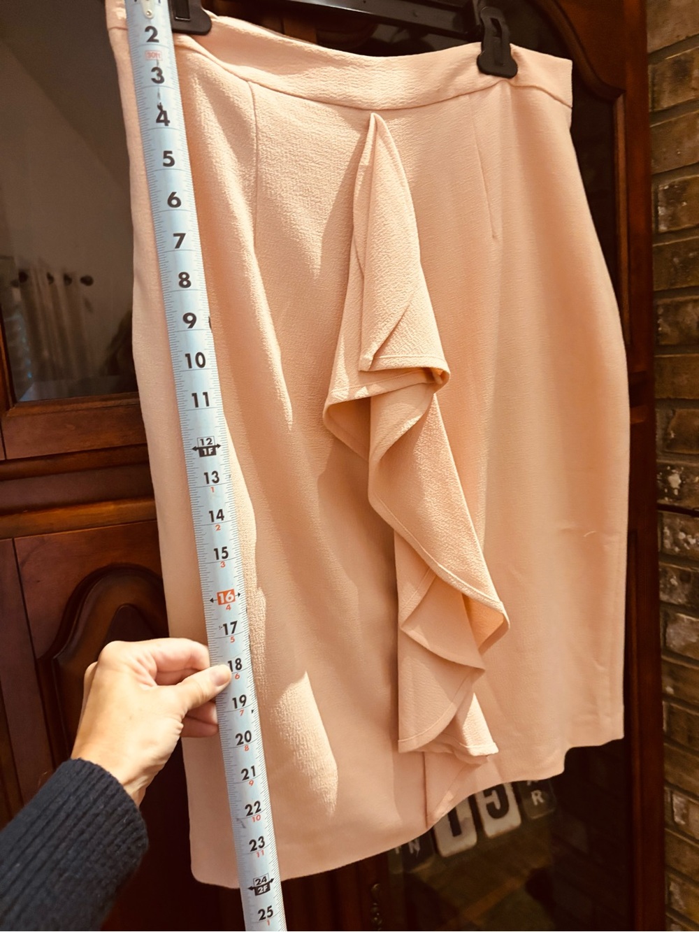 Peachy-Pink Ruffled Midi Pencil Skirt